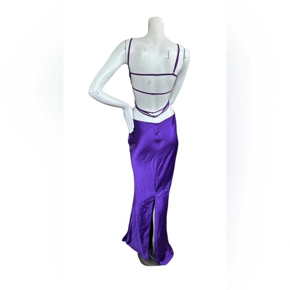 Retrofete Selma Slinky Satin Purple Cutout Low Cut Maxi Gown Size Small